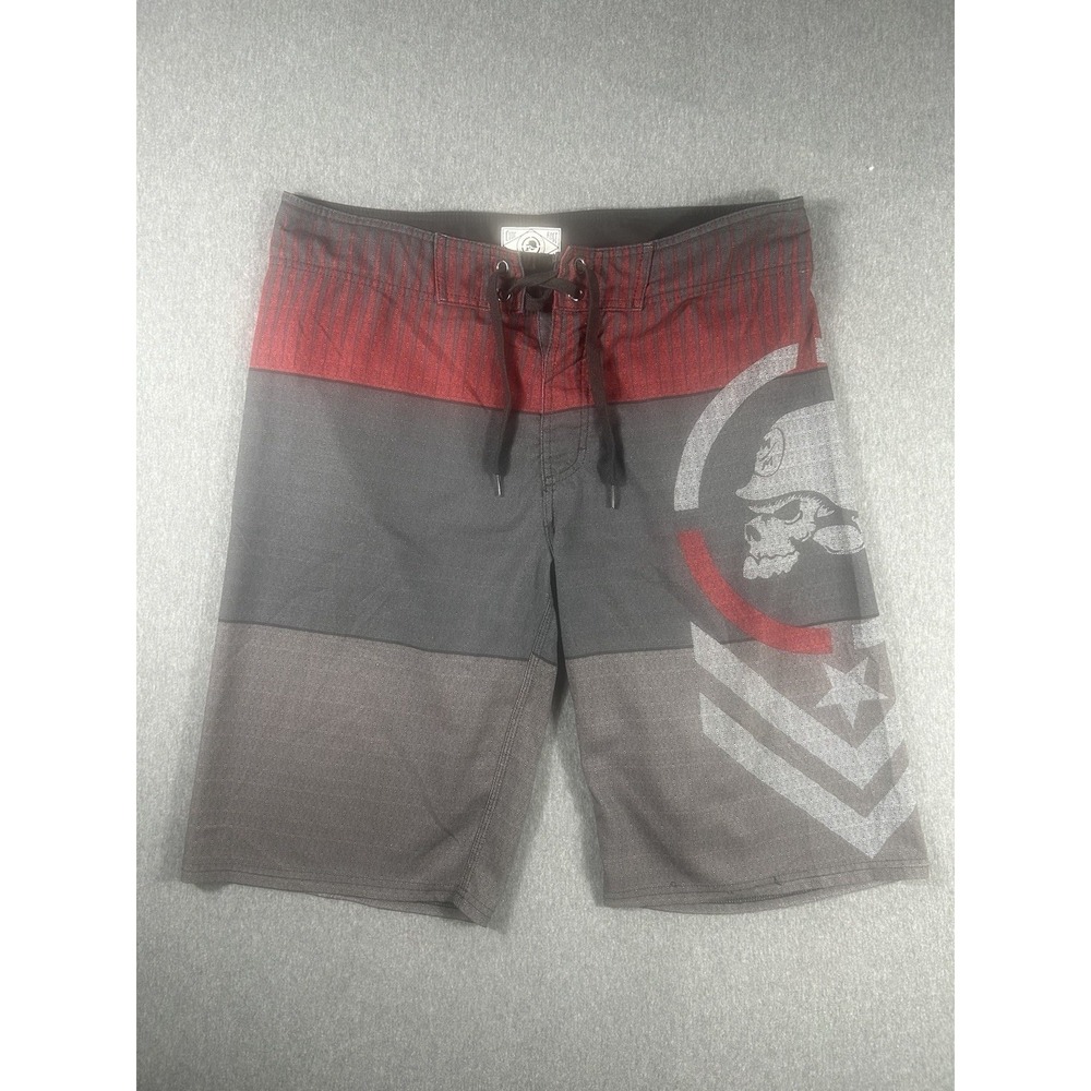Metal Mulisha Men's Gray and Red Colorblock SkullBoard Shorts Size 34